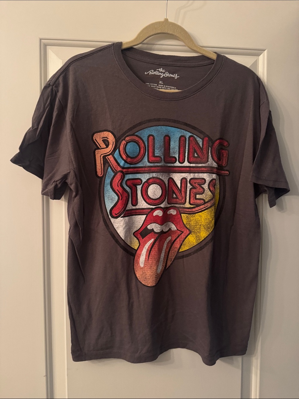 the Rolling Stones Charcoal Short Sleeve Tee with Red, Yellow, Blue Graphic